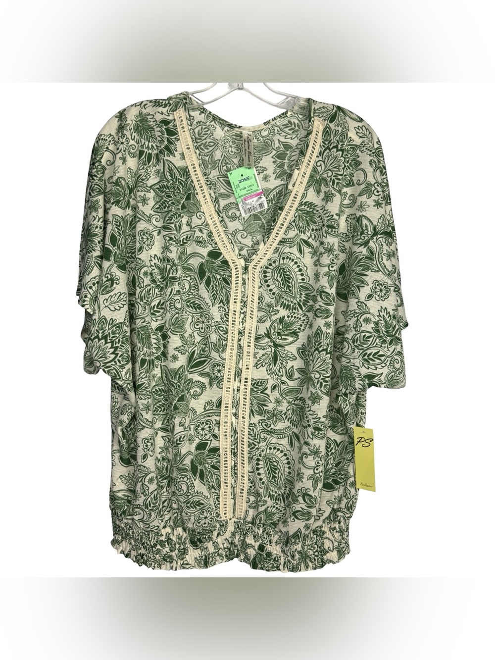 PerSeption Boho Green Floral Lace Trim Blouse Top 2X Smocked Hem Flattering - Picture 1 of 2